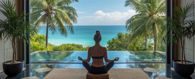 Person meditating in a luxury wellness retreat overlooking the Andaman Sea in Phuket, illustrating why Phuket has become one of Asia's leading wellness destinations.