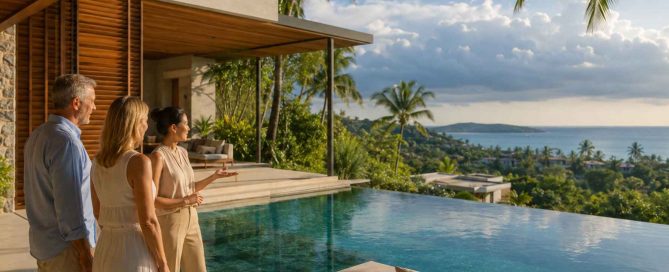Property agent showing a couple a hillside villa with an infinity pool and Andaman Sea views in Phuket.